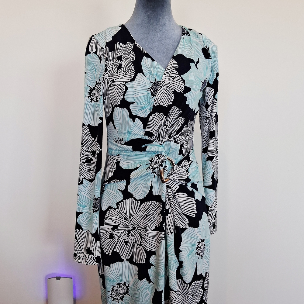 Kasper Black and Aqua Floral Long Sleeve Dress